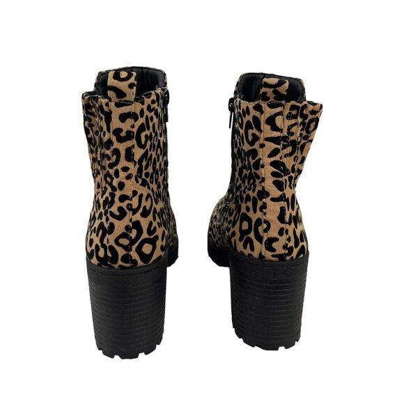 Qupid Cheetah Ankle Boots Bootie Animal Print Size 8 Black Tan Chunky Block Heel - Picture 4 of 13